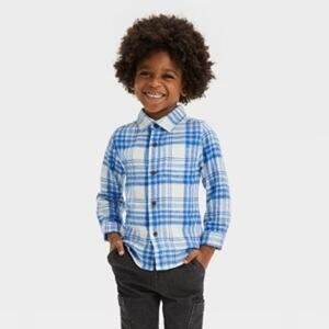 Cat & Jack NWT Toddler Boy Blue White Plaid Flannel Button Down Shirt 18M
